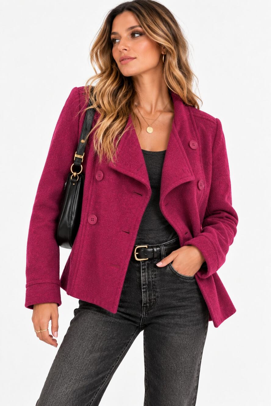 Eileen Fisher Magenta Pink Wool Double Breasted Jacket Womens M Fall Pea Coat